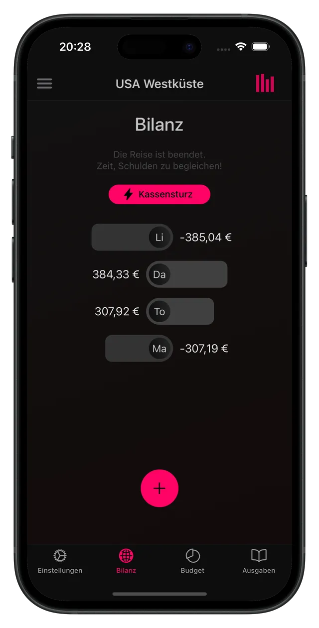 Cashinator-App auf dem Handy, Ansicht Bilanz einer beendeten Reise: ein Knopf Kassensturz und darunter vier Personen mit ihren Salden — zwei im Minus, zwei im Plus, die sich gegenseitig ausgleichen.