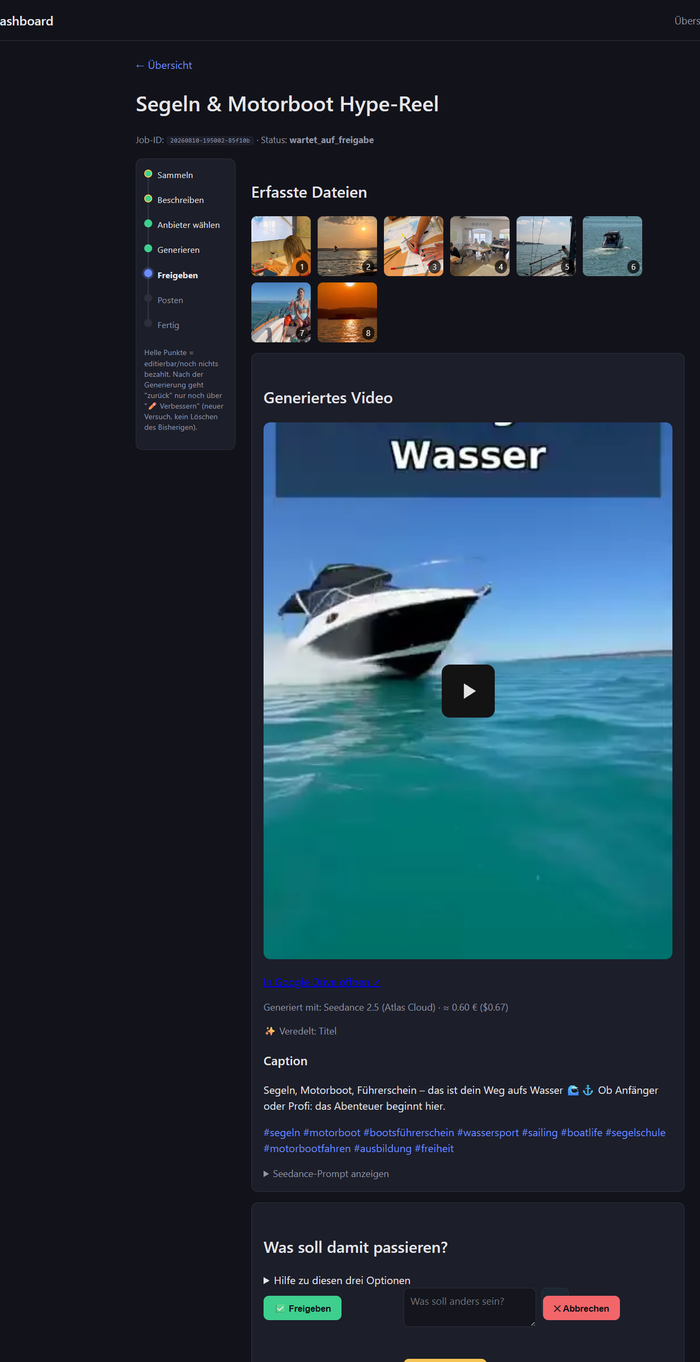 Fertig generiertes Video mit Buttons zum Freigeben, Verbessern oder Abbrechen