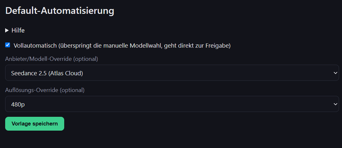 Vorlagen-Editor mit aktiviertem Schalter Vollautomatisch