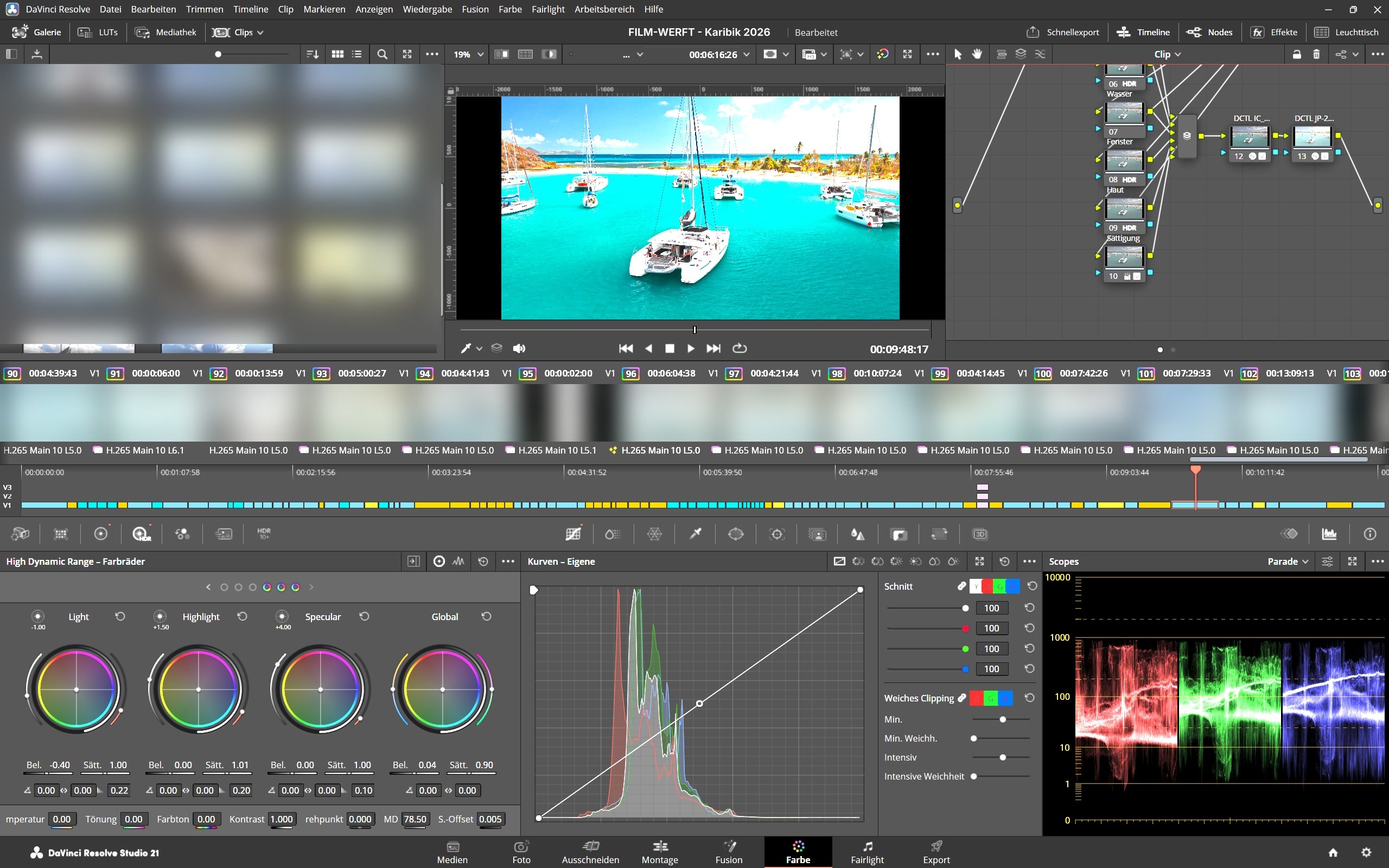 DaVinci Resolve Farbseite mit Waveform, Parade und Vektorskop