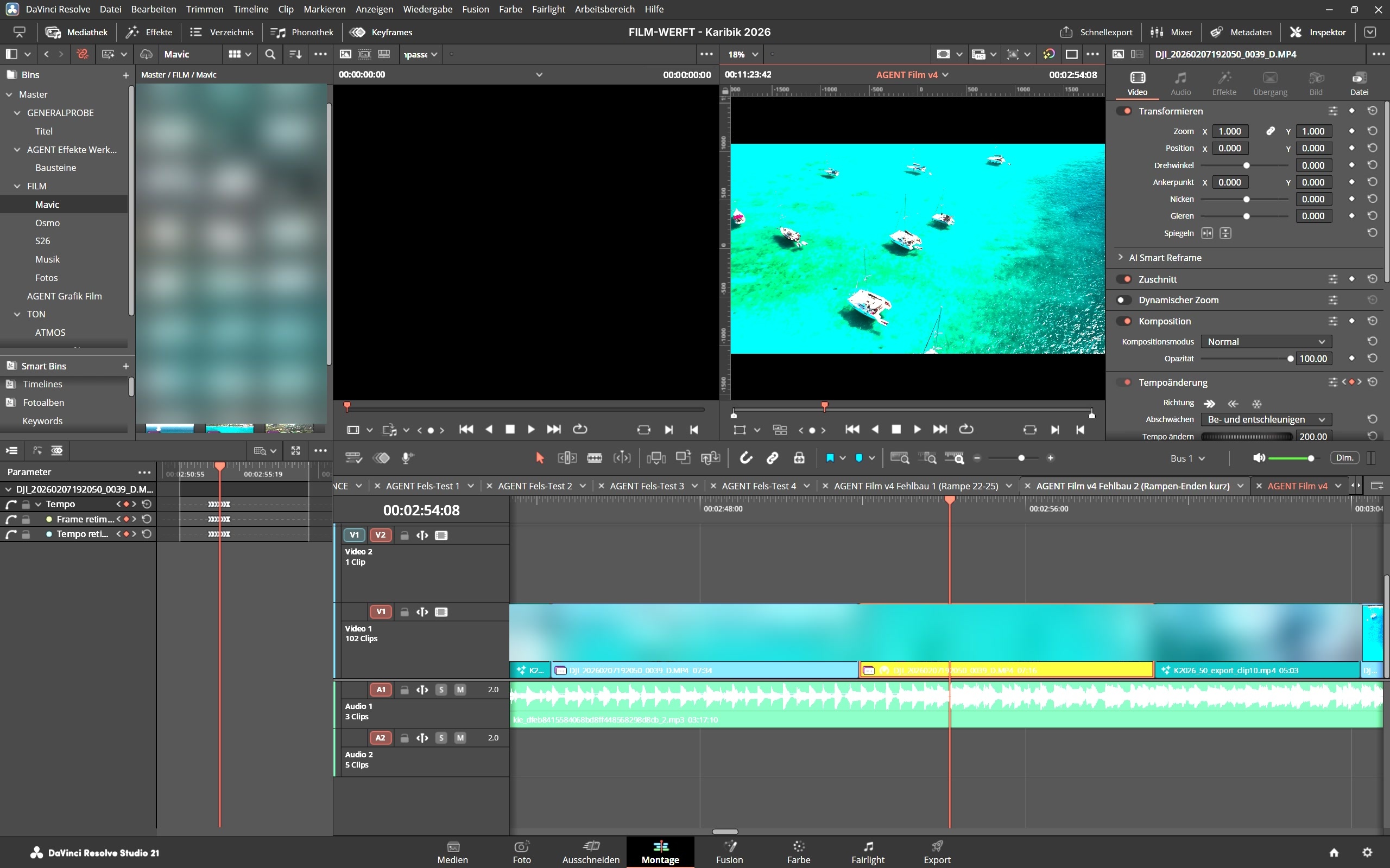DaVinci Resolve Inspektor mit Tempo-Rampe